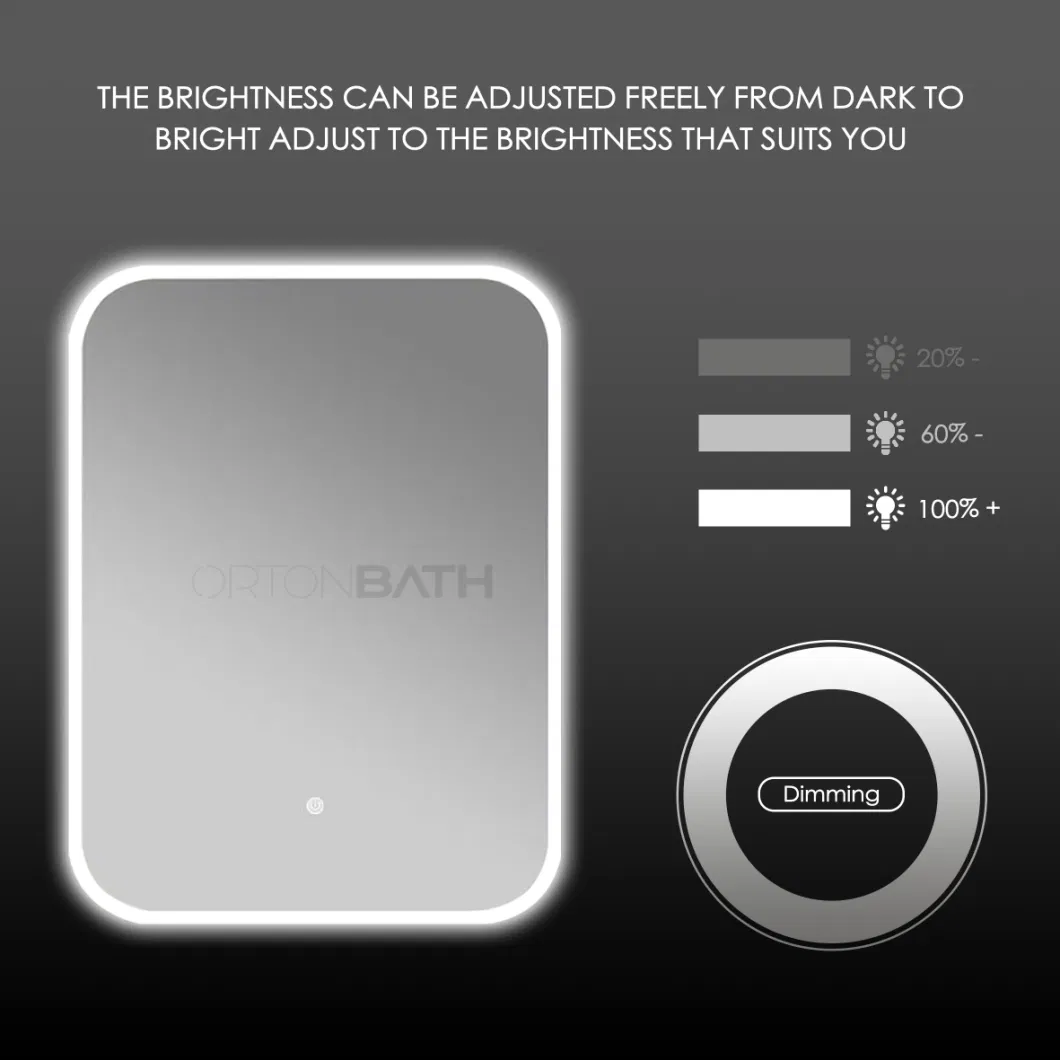 Ortonbath Round Corner Rectangular Frameless Backlit LED Bathroom Mirror, Wall-Mounted Vanity Makeup Lighted Mirror, Anti-Fog Dimmable Lights