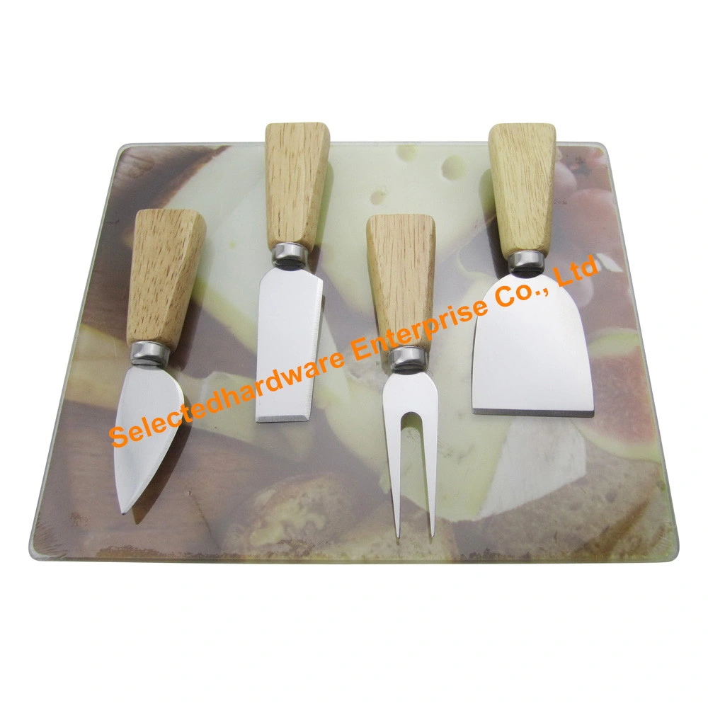 5PCS Glass Cutting Board Set with Cheese Knife and Fork