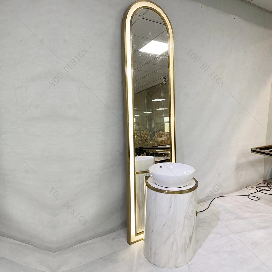 Gold Stainless Steel Frame Bathroom Furniture Oval Bathroom LED Lights Floor Mirror