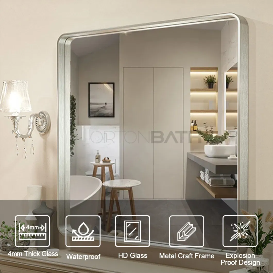 Ortonbath Brushed Metal Frame Square Wall Mirror for Bathroom Decor Rounded Corner Horizontal or Vertical Hangs Small Wall Mirror