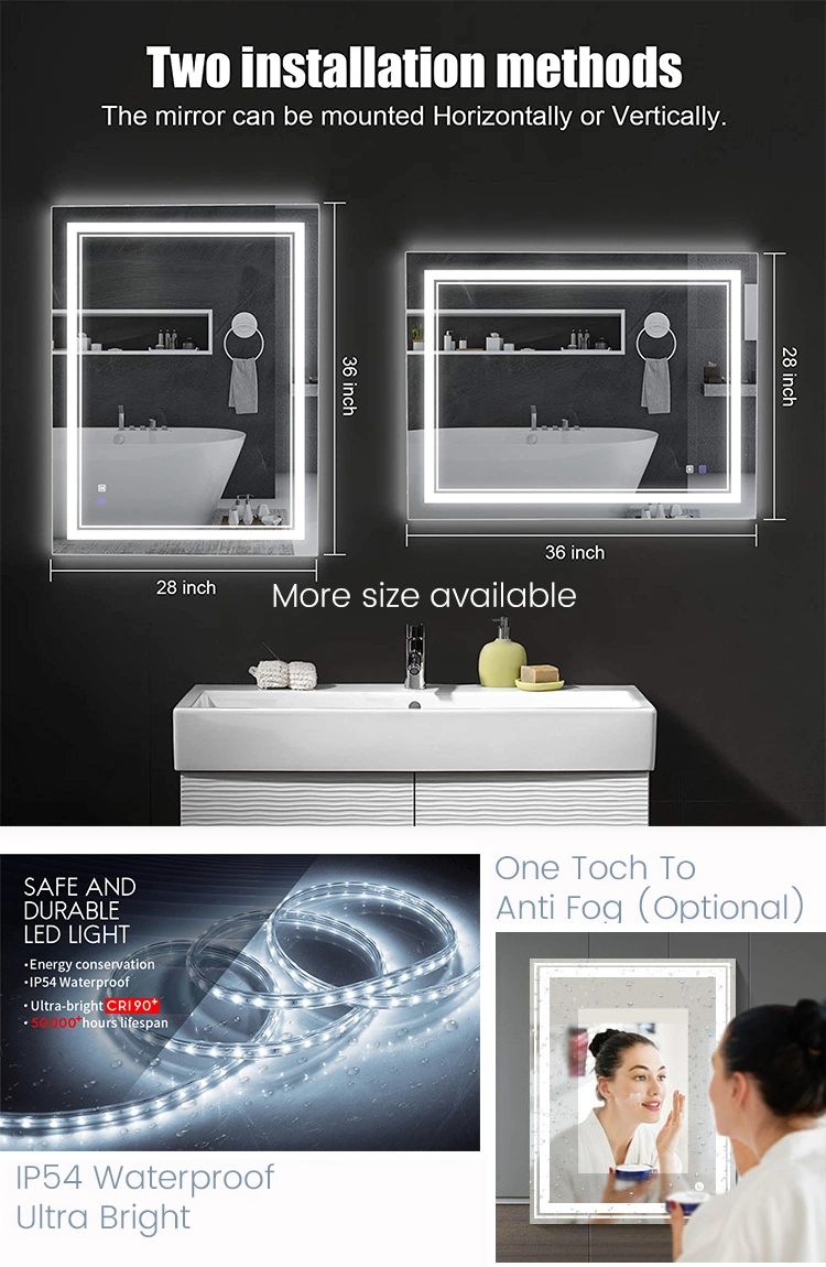 Hotel Bathroom Anti-Fog Touch Switch Waterproof Backlit Smart LED Mirror with Light