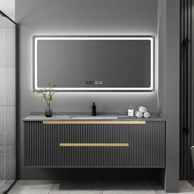 Nuevo diseño moderno de color gris en la pared dos cajones espejo iluminado LED gabinete de vanidades de baño con lavabo de la placa de roca y encimera de mármol