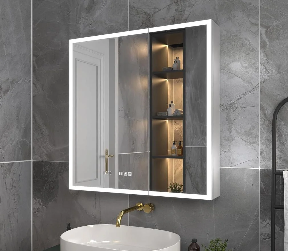 Home Hotel MDF LED Bathroom Vanity Waterproof Floor Mirror Cabinet with Soft Double Door Closed Hinge Medicine Cabinet