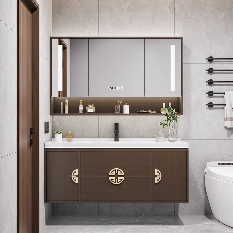 Retro Design Floor Mounted Ceramic Wash Basin Sink Bathroom Furniture LED Mirror Cabinet Wood Cabinet with Ceramic Sink and Marble Top