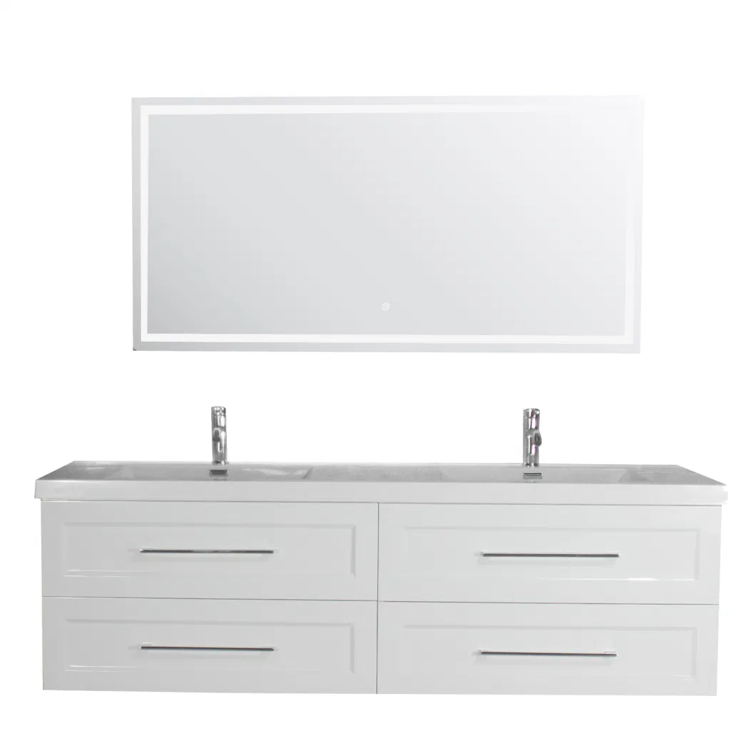 60 Inch Modern Bathroom White High Gloss Painting Plywood Wall Mounted Vanity Unit Cabinet Furniture with LED Mirror