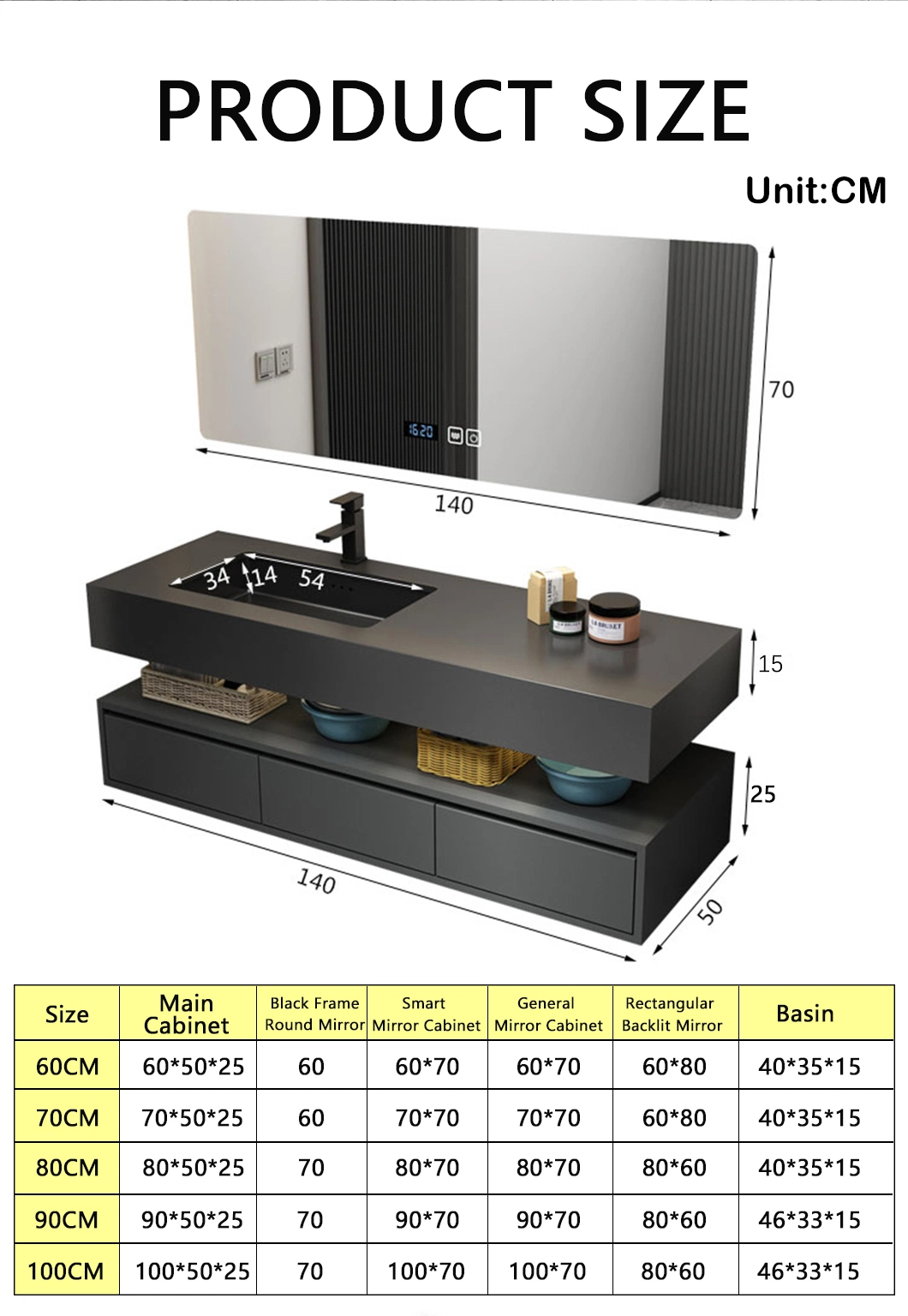 2024 Modern New Design Custom Bathroom Furniture Set LED Mirror Wooden Cabinet Wall Unit Vanity with Wash Basin Product