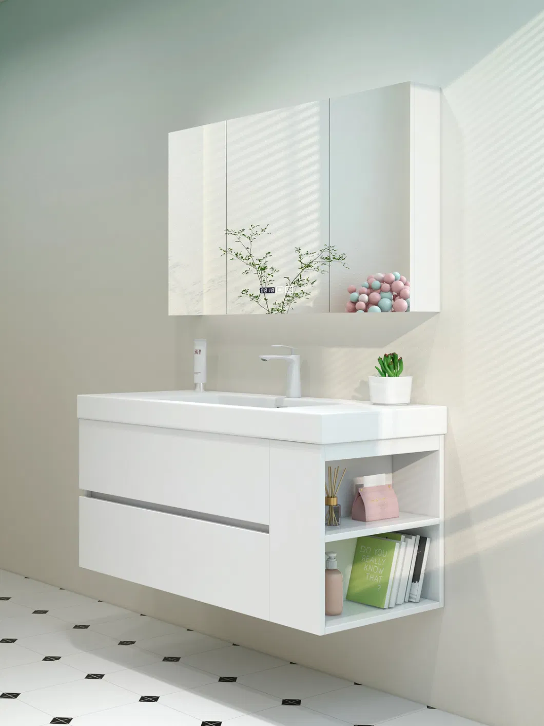 White Italian Style Light Luxury Solid Wood Bathroom Cabinet with Mirror