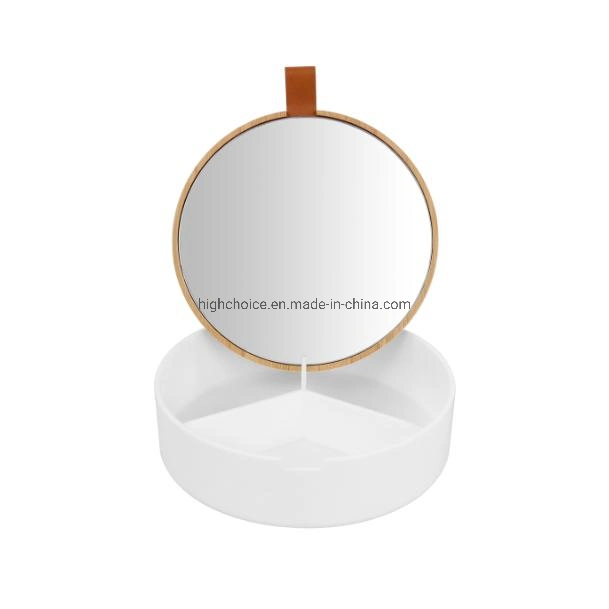 Bathroom Bamboo Plastic Table Round Storage Mirror