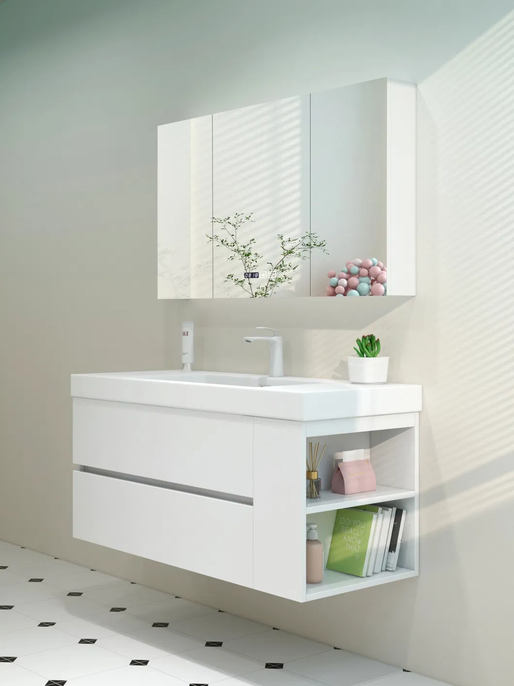 White Italian Style Light Luxury Solid Wood Bathroom Cabinet with Mirror