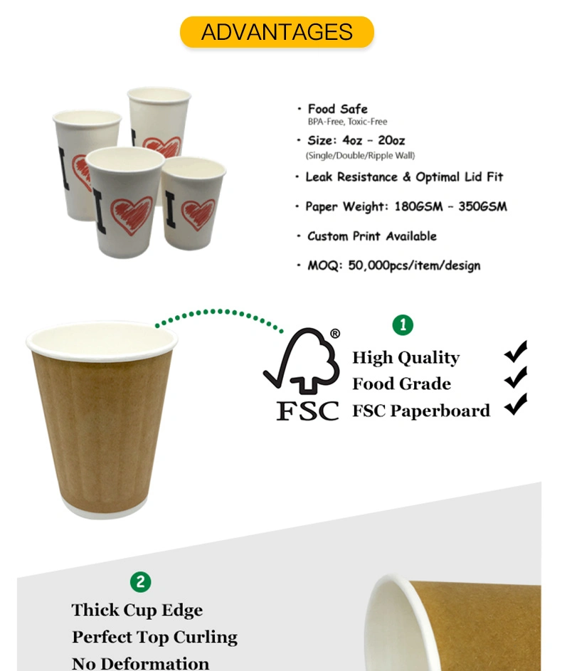 Disposable Paper Cup Printing Takeaway Drinking Coffee Paper Cup with Prevent Leaks Lids