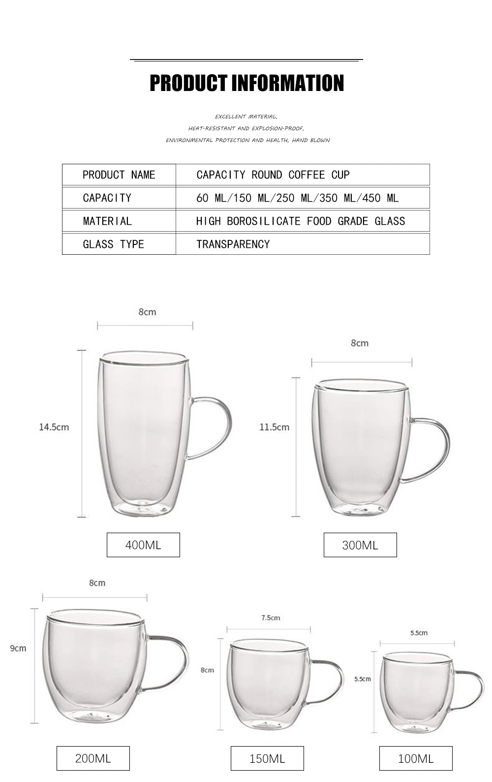 Customized Clear Double Wall Borosilicate Glass Coffee Mugs Milk Cup