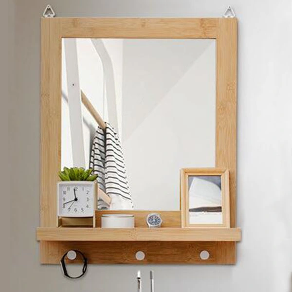 Bamboo Bathroom Round Mirror with Shelf Wall-Mounted Toilet Bathroom Comb Makeup Mirror