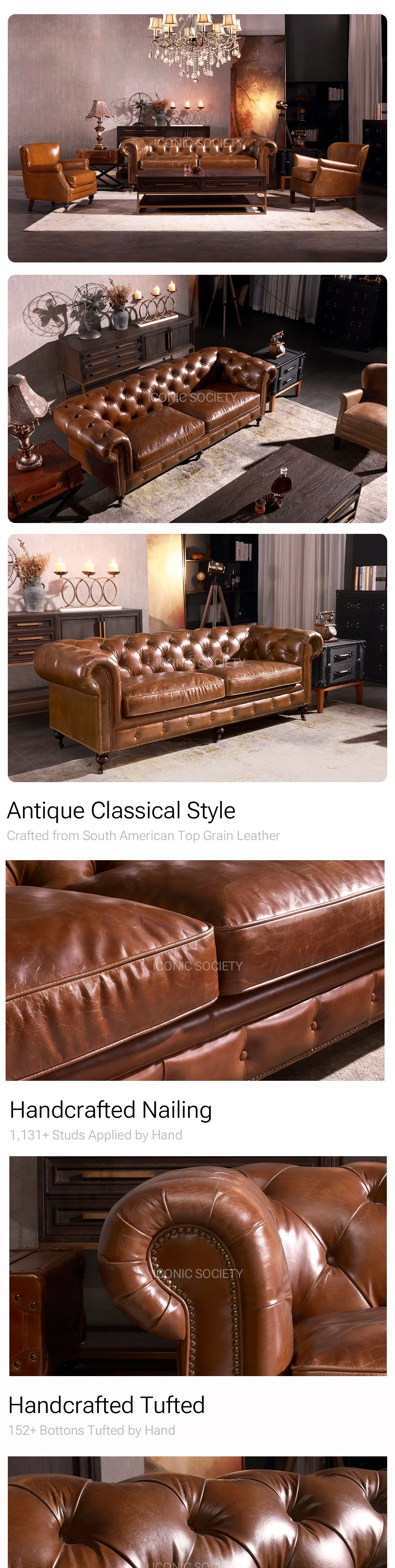 Luxury Living Room Hotel Home Furniture Office Couch Wooden Frame Antique Handmade Classic Style Chesterfield Genuine Leather Sofa