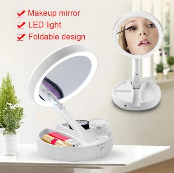 10X Magnifying Tri-Fold Desktop Mirror Make up Tool with Storage Box