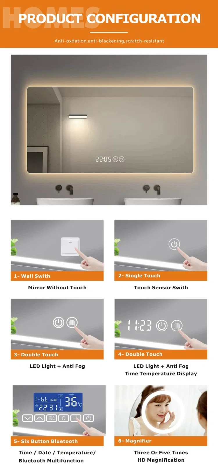2024 LED Makeup Mirrors Defogger Lighted Illuminated Touch Switch Anti-Fog Decorative Bluetooth Bathroom Vanity Mirror