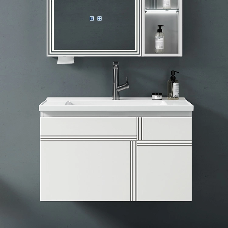 New Trend Design Bathroom Toilet Furniture PVC Bathroom Cabinet Wall Mounted Bathroom Vanity Set with LED Light Mirror Cabinet