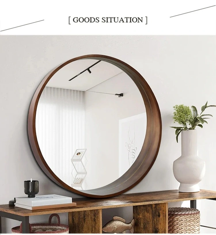 Nordic Round Mirror Wall Mounted Solid Wood Bathroom Mirror with Storage Rack