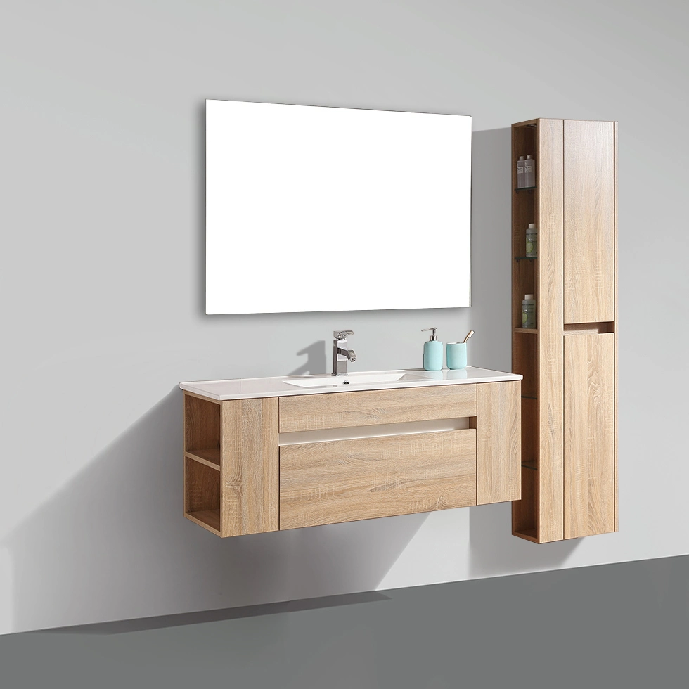 Hot Sell Modern Wall Mounted Single Sink Ceramic Basin Two Drawer MDF LED Mirror Bathroom Furniture Wood Vanity Storage Mirror Cabinet