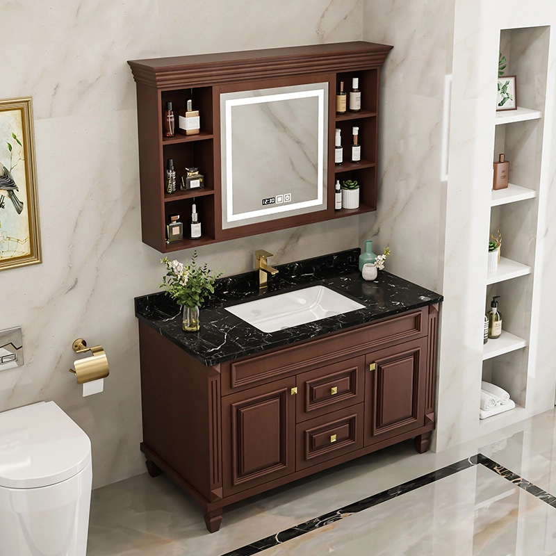Retro Design Floor Mounted Ceramic Wash Basin Sink Bathroom Furniture LED Mirror Cabinet Wood Cabinet with Ceramic Sink and Marble Top