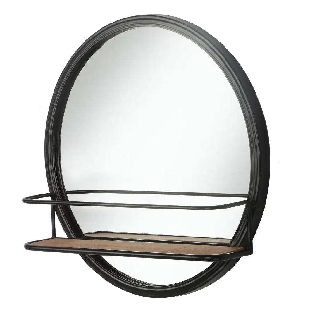 Bathroom Design Modern Round Large Black Metal Framed Wall Mirror with Shelf