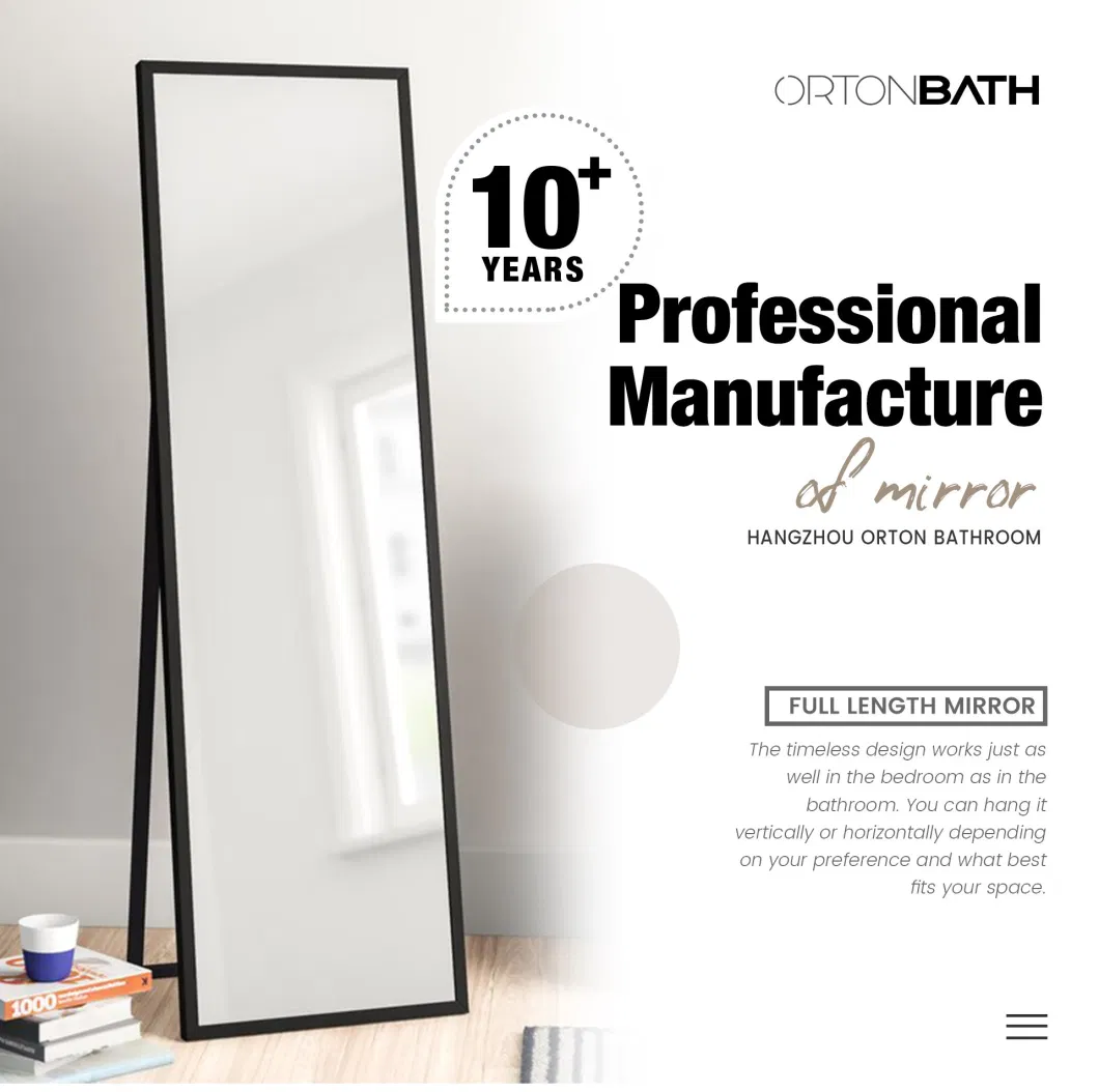 Ortonbath Gold Frame Copper Free Framed Full Length Floor Dressing Mirror LED Lights Touch Sensor Switch Backlit Bathroom Full Length Dressing Mirror