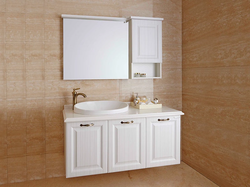 European Style PVC White Wash Basin Aluminium Bathroom Wooden Vanity Ceramic Cabinet with Smart Touch Light LED Mirror