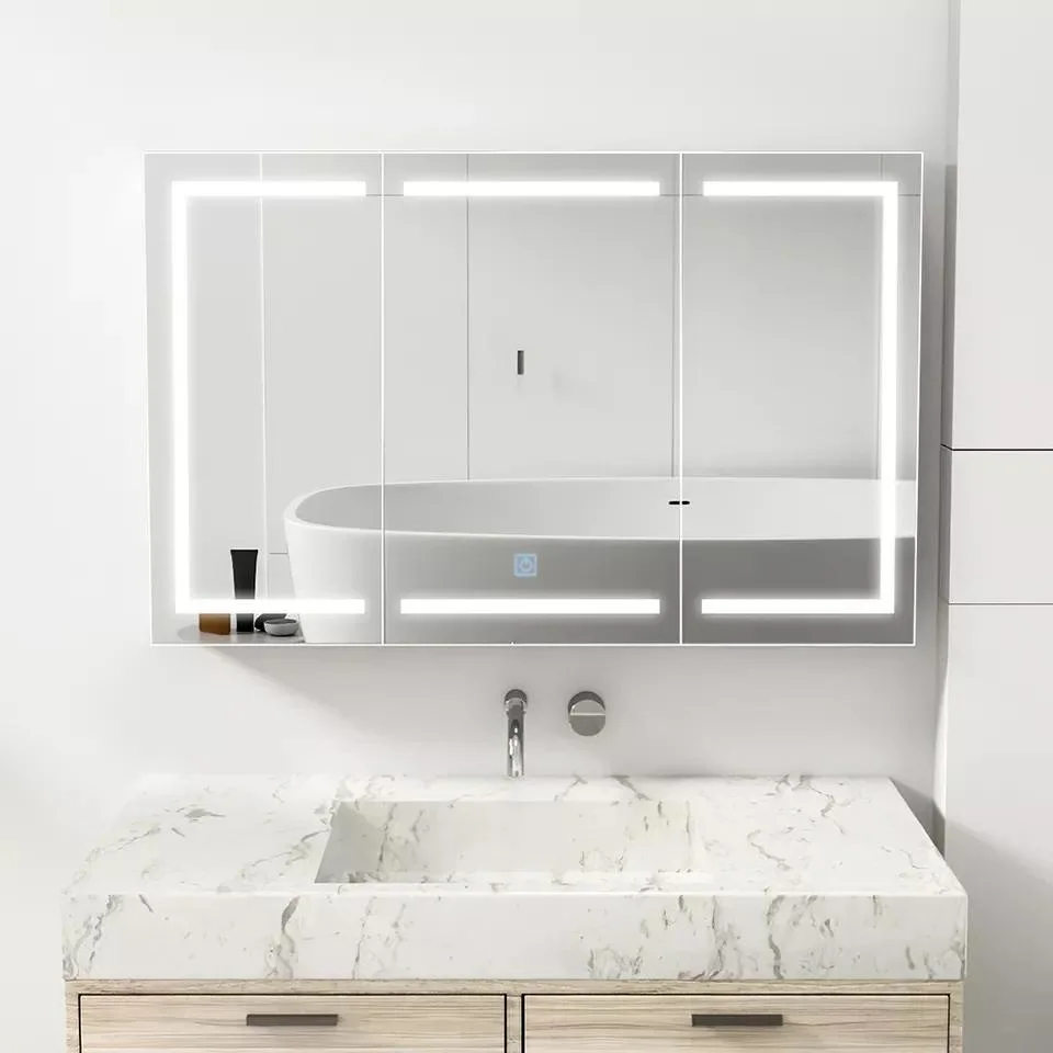 Super Large Storage Space Three Doors Bathroom Cabinet Touch Switch Medicine Cabinet LED Mirror Cabinet
