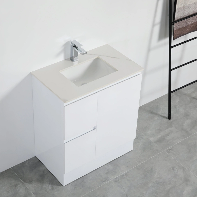 White Polyurethane PVC Freestanding Bathroom Vanity with One Door and Two Drawers