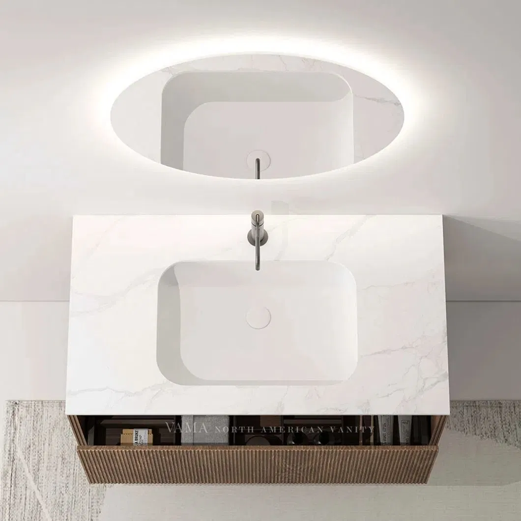 Vama Wall-Mounted Oak Wood Washroom Cabinet Unit Vanity with Clean White Porcelain Sink