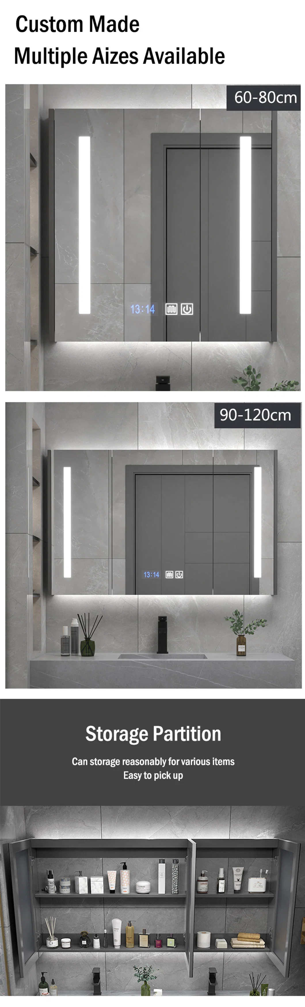 Modern Smart Mirror Vanity Illuminated Storage Washroom Bathroom Mirror Cabinet with LED Light