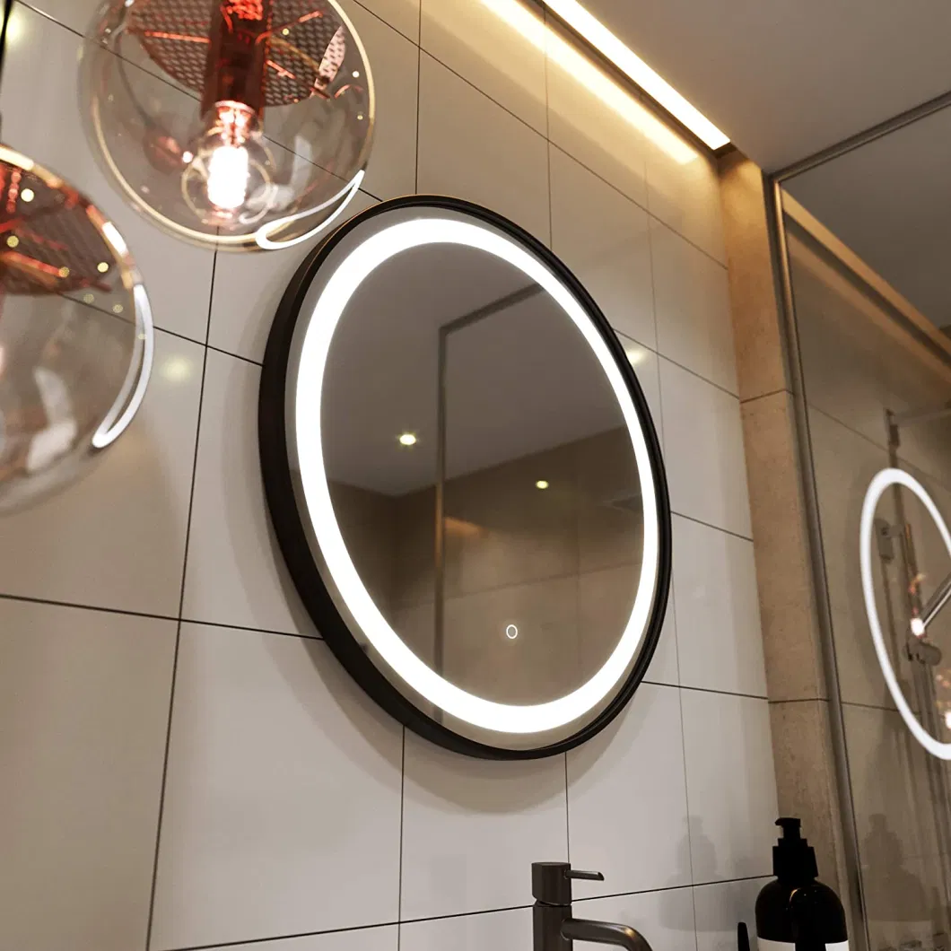 Black Steel Frame Factory Customized Round LED Lighting Bathroom Mirror