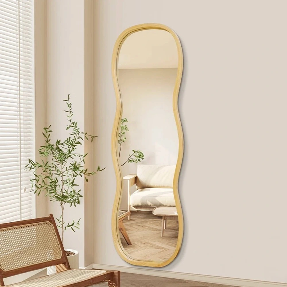 Floor Tall Body Mirror, Irregular Big Long Mirror Dressing Mirror for Bedroom Living Room Leaning Against Wall Flannel Wrapped Wooden Frame Log Color
