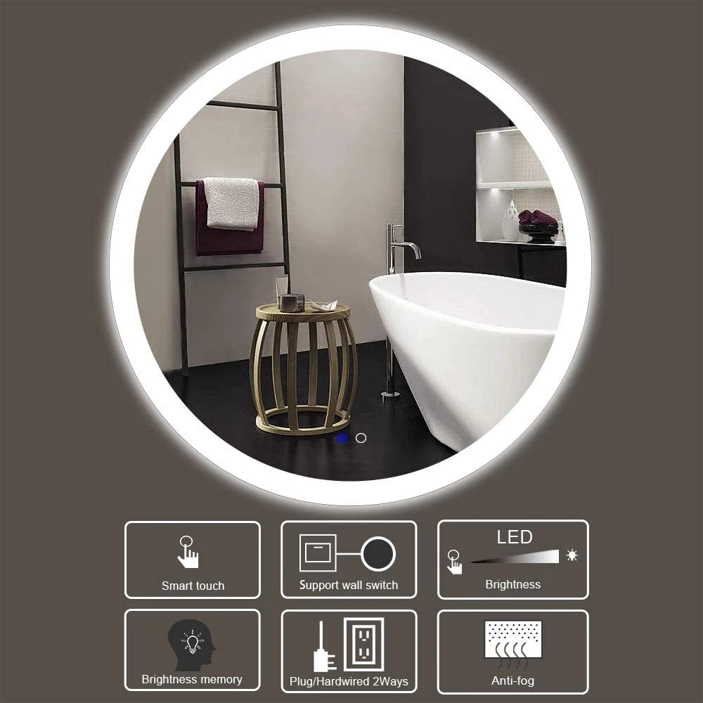 China Factory Modern Home Decoration Round LED Bathroom Mirror with Anti-Fog Dimmer Magnifier Hanging with Frame