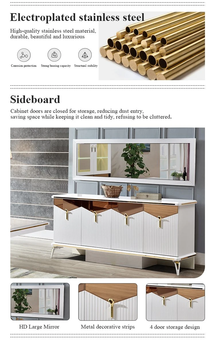 Luxury White Storage Sideboard with Mirror Buffet Table Solid Wood Furniture Modern Sideboard Cabinet for Dining Room