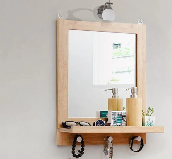 Bamboo Bathroom Round Mirror with Shelf Wall-Mounted Toilet Bathroom Comb Makeup Mirror