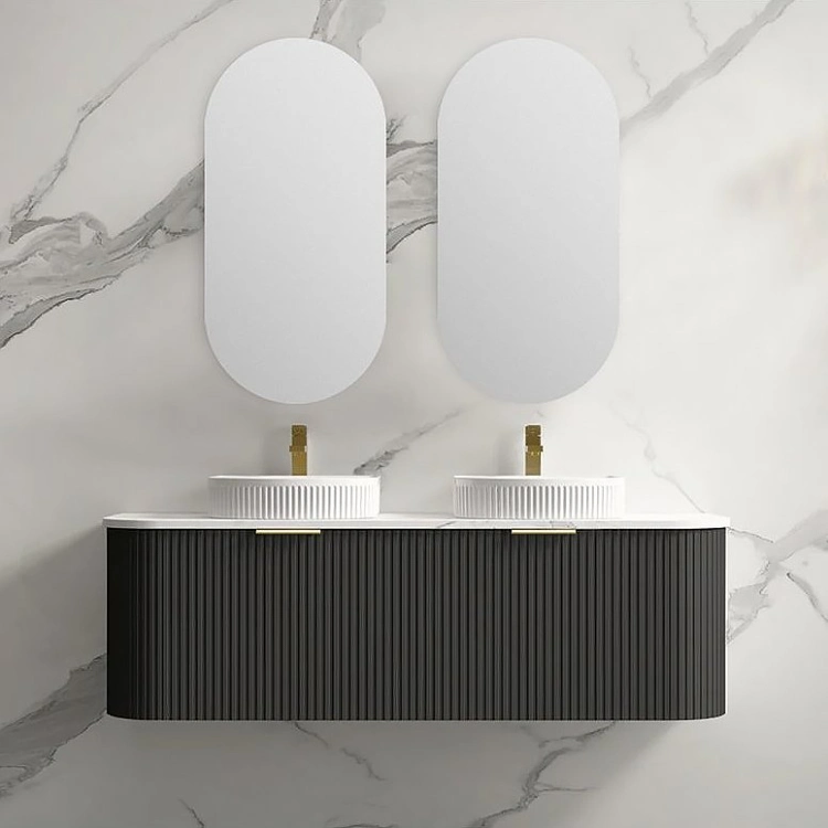 Modern Luxury Fluted Curved Double Sink Floating Cabinet Wall Mount Bathroom Vanity with Sink