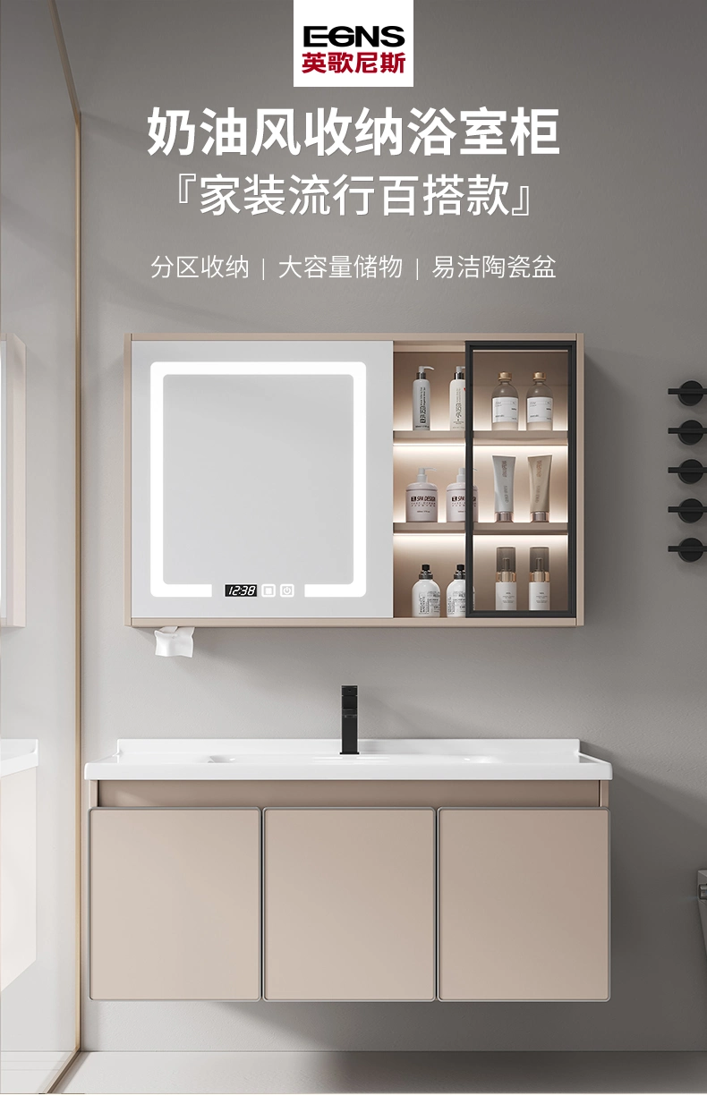 Made in China Solid Wooden Bathroom Vanity Cabinet with Ceramic Countertop Art Wash Basin LED Mirror Cabinet