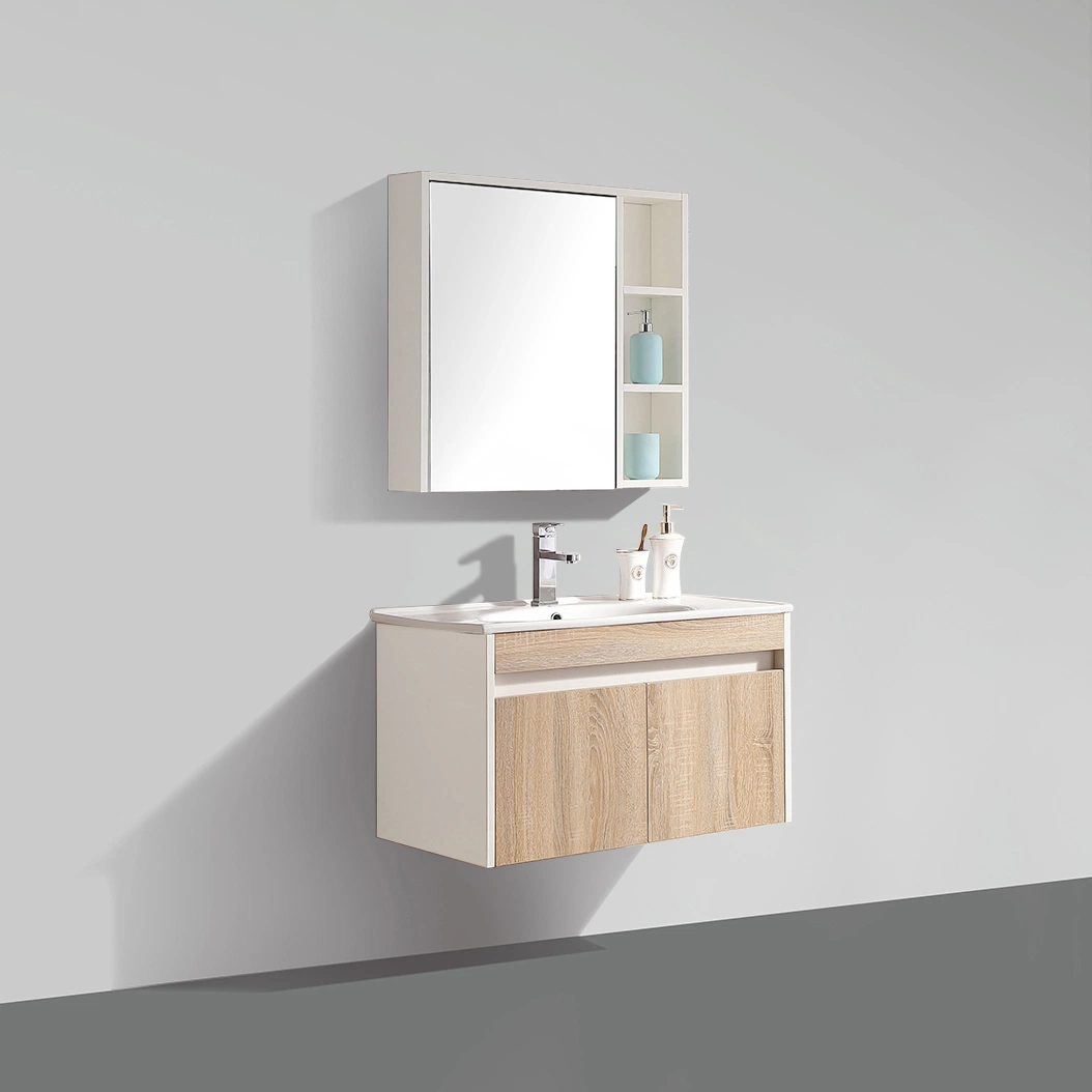 Hot Sell Modern Wall Mounted Single Sink Ceramic Basin Two Drawer MDF LED Mirror Bathroom Furniture Wood Vanity Storage Mirror Cabinet