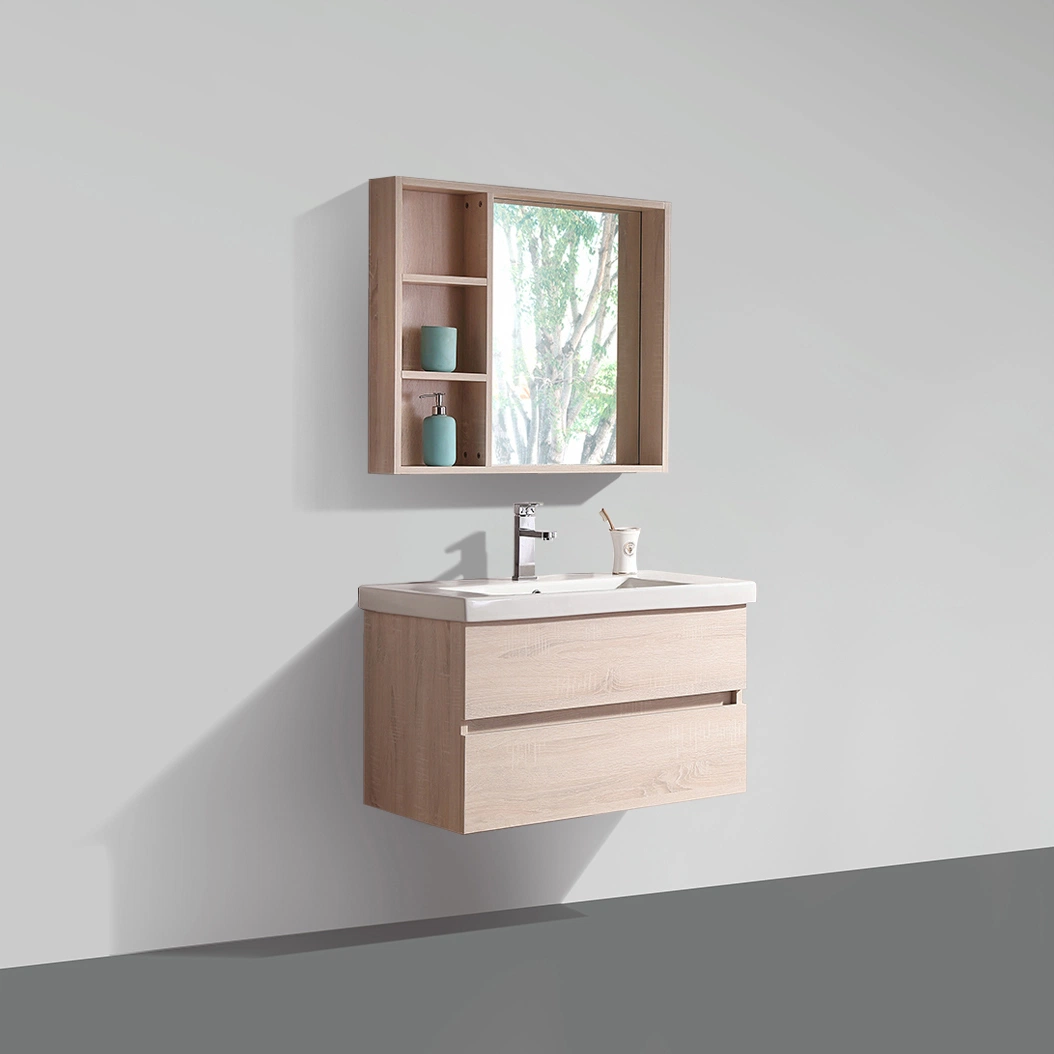 Hot Sell Modern Wall Mounted Single Sink Ceramic Basin Two Drawer MDF LED Mirror Bathroom Furniture Wood Vanity Storage Mirror Cabinet