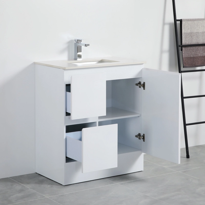 White Polyurethane PVC Freestanding Bathroom Vanity with One Door and Two Drawers