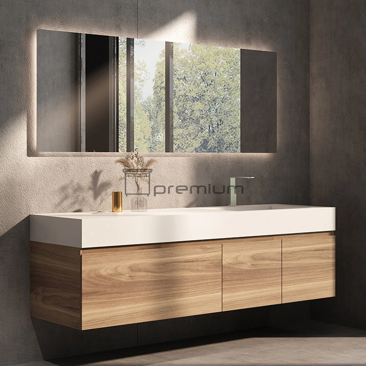 European Standard Wholesale Modern Hotel Design LED Bathroom Mirror Slate Top Ceramic Wash Basin Sink Floating Bathroom Vanity with Mirror