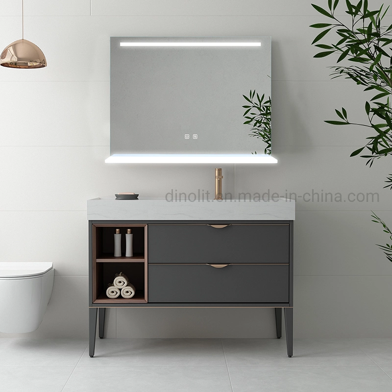 Modern Design Smart Bath Wall Vanity Mirror Waterproofed Bathroom LED Illuminated Glass Dimming Mirror with Shelf Touch Switch CE ETL IP44