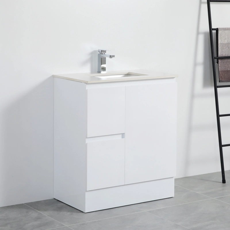 White Polyurethane PVC Freestanding Bathroom Vanity with One Door and Two Drawers
