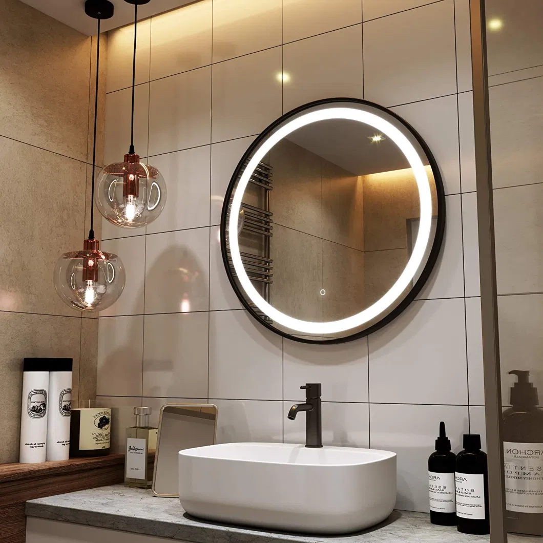 Black Steel Frame Factory Customized Round LED Lighting Bathroom Mirror