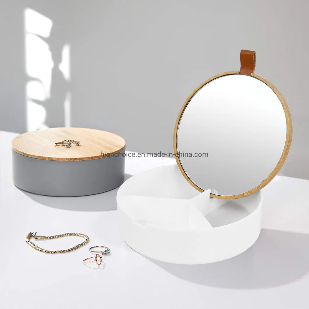 Bathroom Bamboo Plastic Table Round Storage Mirror
