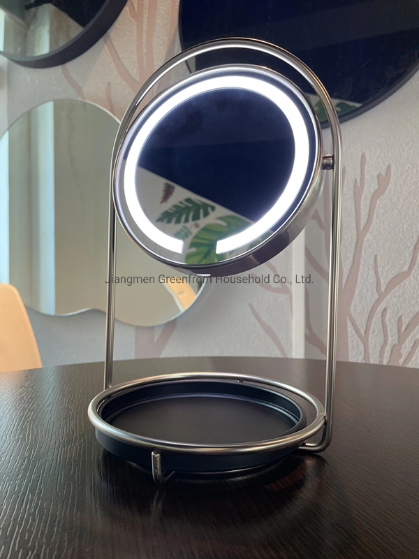 Double Sided Lighted LED Table Mirror with Shelf and Tray Makeup Table Mirror Gmjy706