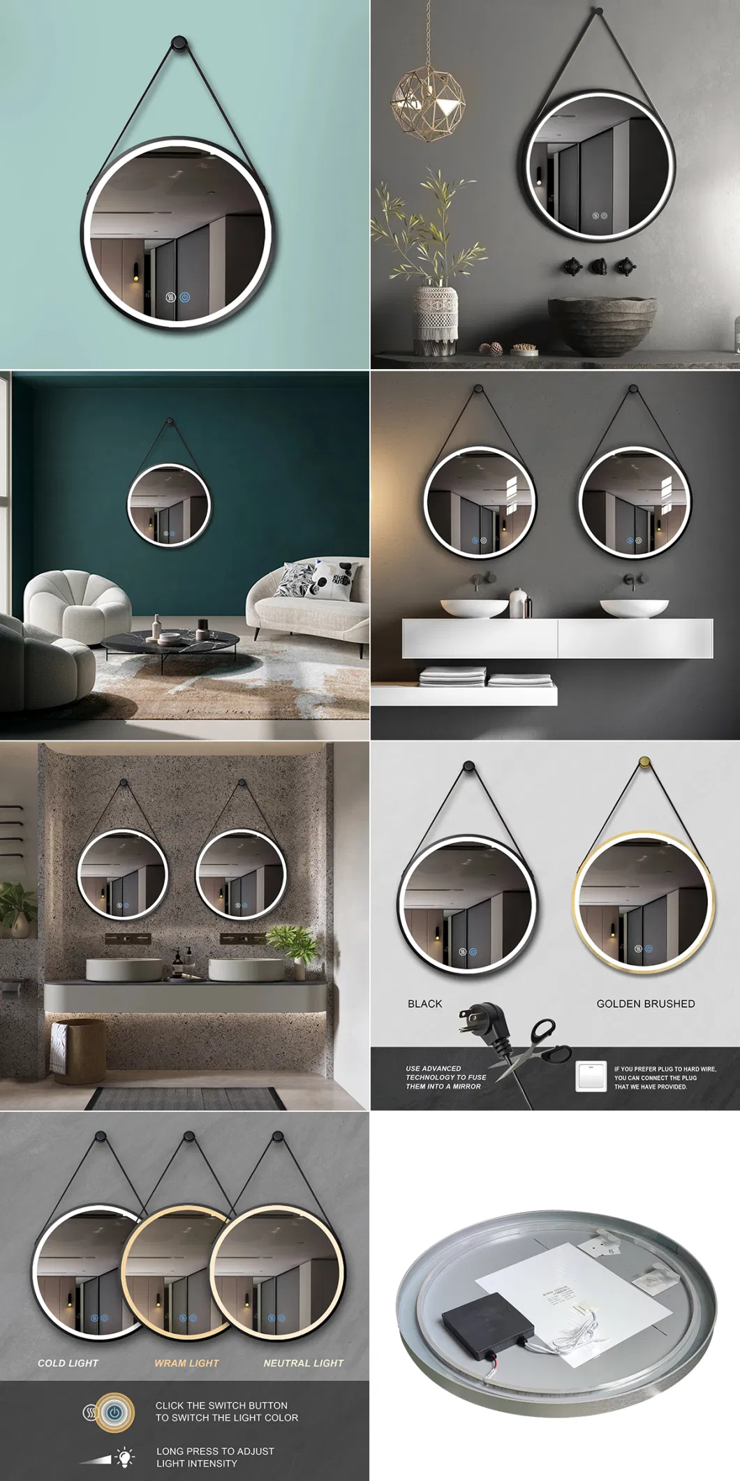 Europe Standard Wholesale Home Decoration Aluminum Frame Smart Round Mirror Front Surface LED Light Bathroom Glass Wall Belt Mirror