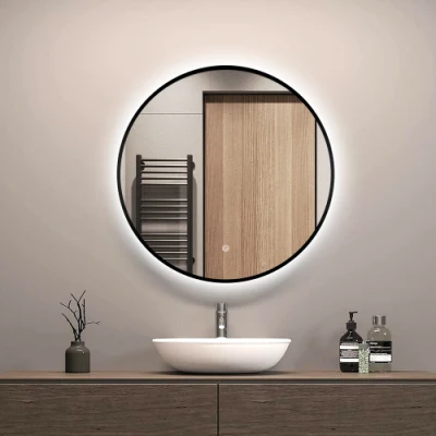 Specchio per bagno rotondo con struttura nera a LED e luce, specchio di cortesia illuminato montato a parete, interruttore a sfioramento antiappannamento e regolabile, impermeabile IP54, CRI 90+