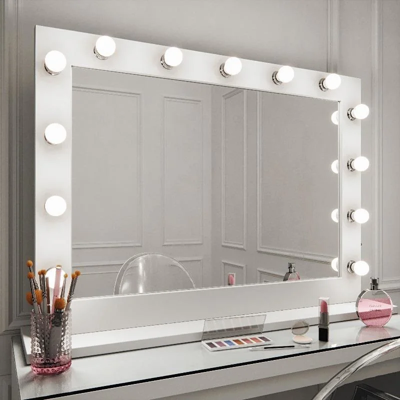 Ortonbath Vanity Table Makeup Hollywood Mirror Dimmable Light Touch Control 12 Cold/ Warm LED Lights, Makeup Organizer Brush Holder