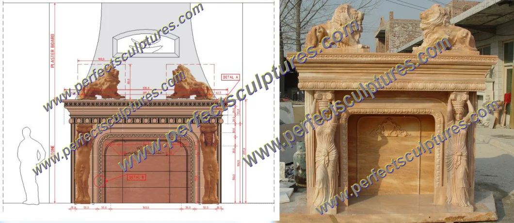 Luxury Hand Carved Double Layer Stone Marble Fireplace with Mirror (QY-LS324)